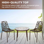 LeisureMod Devon Ensemble de salle à manger d'extérieur 3 pièces en aluminium avec table en verre trempé et 2 chaises empilables motif fleur
