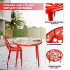 LeisureMod Devon Ensemble de salle à manger d'extérieur 3 pièces en aluminium avec table en verre trempé et 2 chaises empilables motif fleur