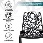 LeisureMod Devon Ensemble de salle à manger d'extérieur 3 pièces en aluminium avec table en verre trempé et 2 chaises empilables motif fleur