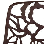 LeisureMod Devon Ensemble de salle à manger d'extérieur 5 pièces - Table ronde en verre avec 4 chaises empilables noires à motif floral
