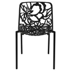 LeisureMod Devon Ensemble de salle à manger d'extérieur 5 pièces - Table ronde en verre avec 4 chaises empilables noires à motif floral