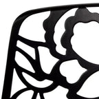 LeisureMod Devon Ensemble de salle à manger d'extérieur 5 pièces - Table ronde en verre avec 4 chaises empilables noires à motif floral