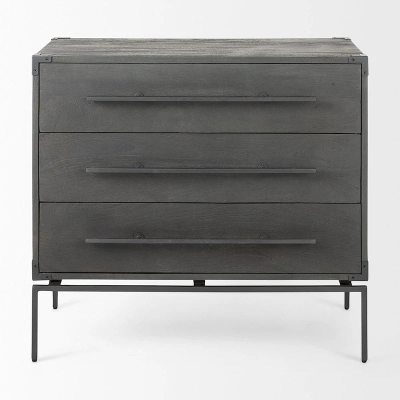 Mobiletto accentato a 3 cassetti in legno di mango indiano marrone scuro con base in ferro nero