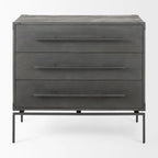 Mobiletto accentato a 3 cassetti in legno di mango indiano marrone scuro con base in ferro nero
