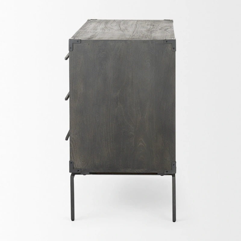 Mobiletto accentato a 3 cassetti in legno di mango indiano marrone scuro con base in ferro nero