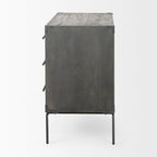 Mobiletto accentato a 3 cassetti in legno di mango indiano marrone scuro con base in ferro nero