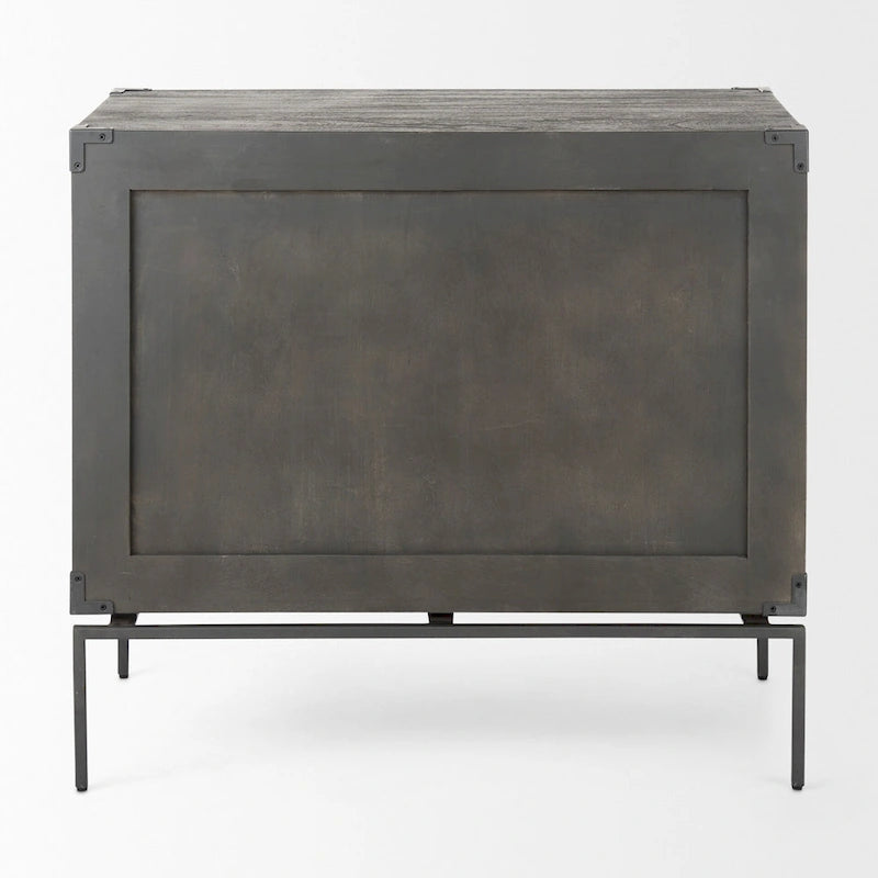 Mobiletto accentato a 3 cassetti in legno di mango indiano marrone scuro con base in ferro nero