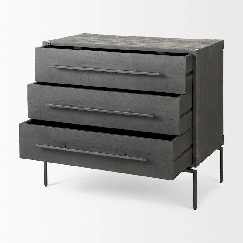 Mobiletto accentato a 3 cassetti in legno di mango indiano marrone scuro con base in ferro nero