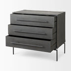 Mobiletto accentato a 3 cassetti in legno di mango indiano marrone scuro con base in ferro nero