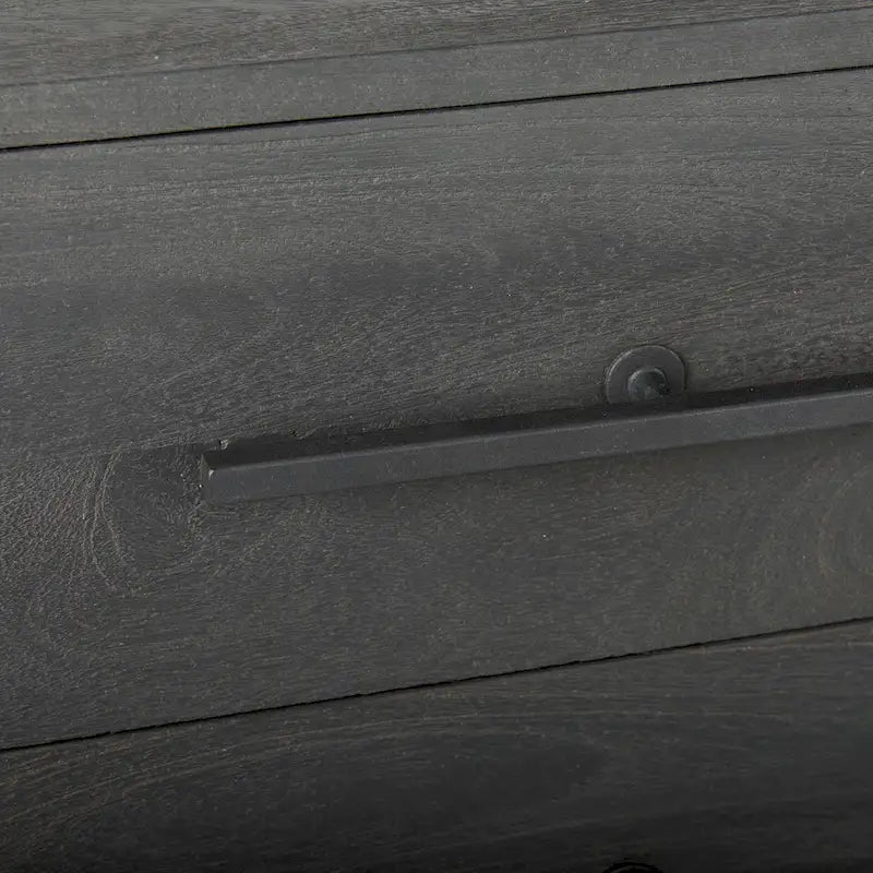 Mobiletto accentato a 3 cassetti in legno di mango indiano marrone scuro con base in ferro nero