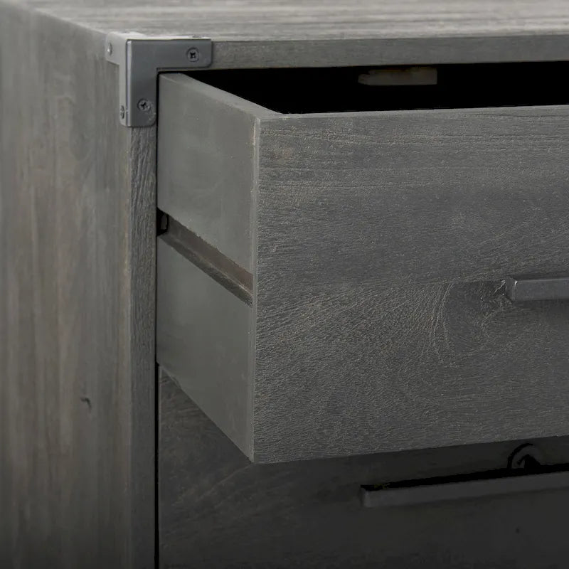 Mobiletto accentato a 3 cassetti in legno di mango indiano marrone scuro con base in ferro nero