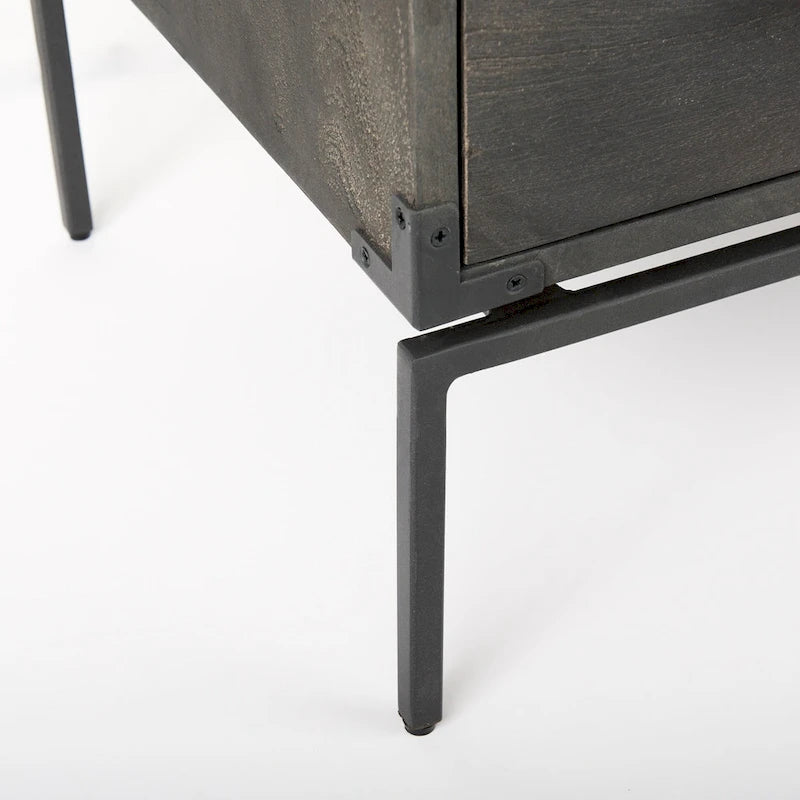 Mobiletto accentato a 3 cassetti in legno di mango indiano marrone scuro con base in ferro nero