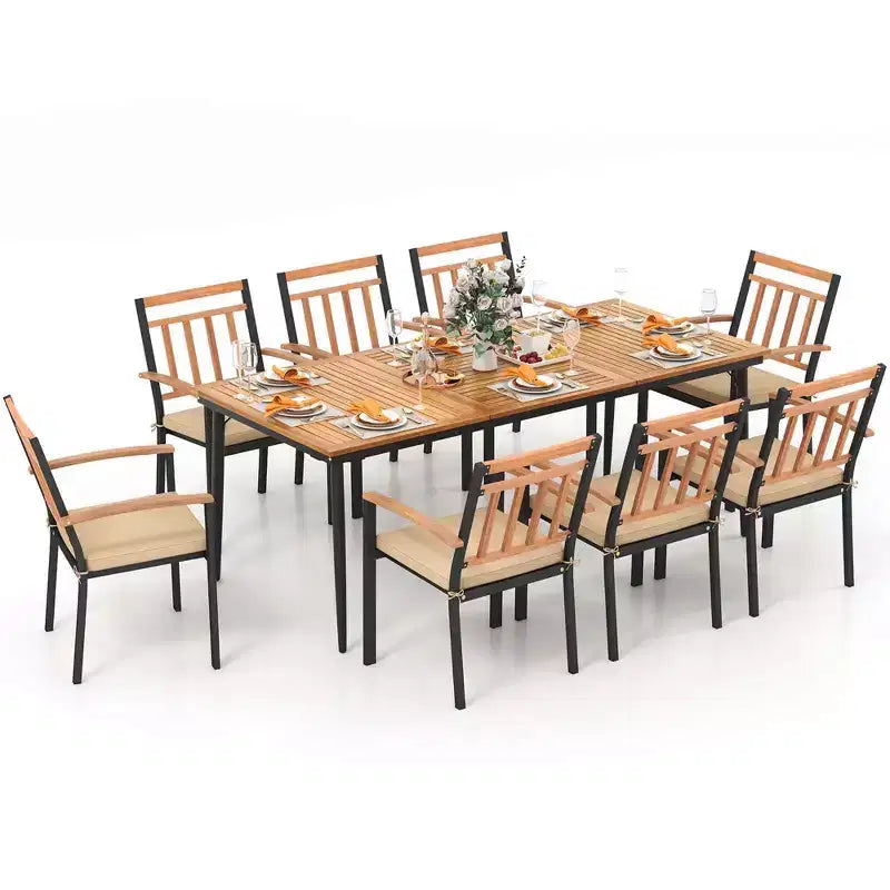 Costway Ensemble de salle à manger d'extérieur 9 pièces, Table rectangulaire 79" avec 8 fauteuils en bois