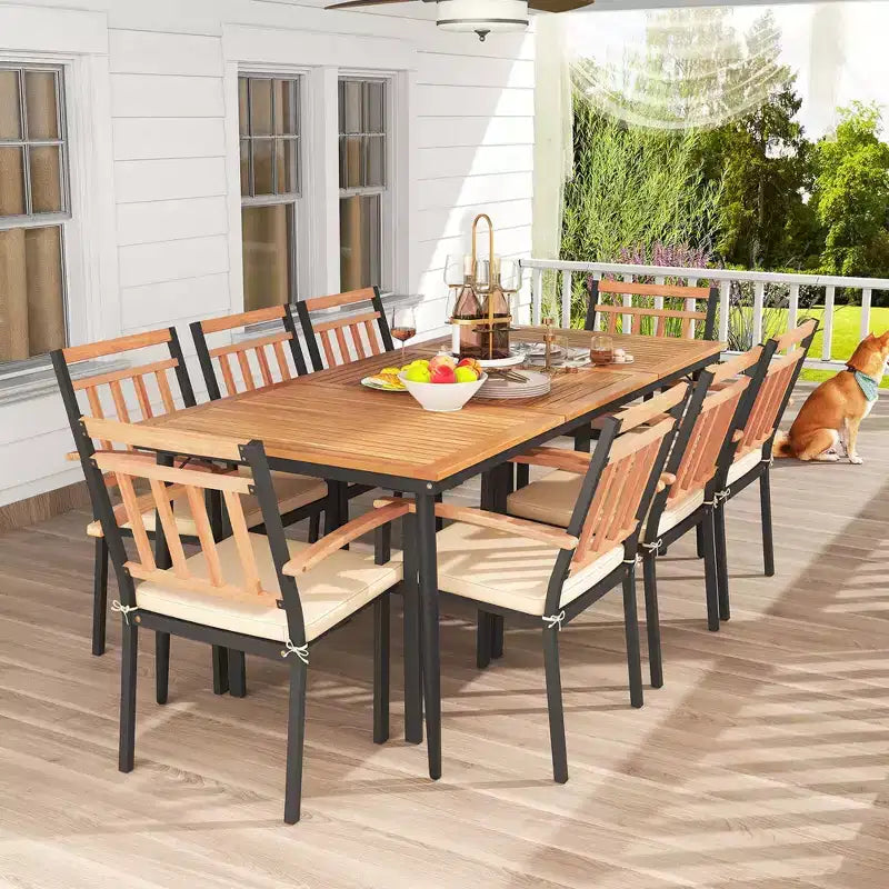 Costway Ensemble de salle à manger d'extérieur 9 pièces, Table rectangulaire 79" avec 8 fauteuils en bois