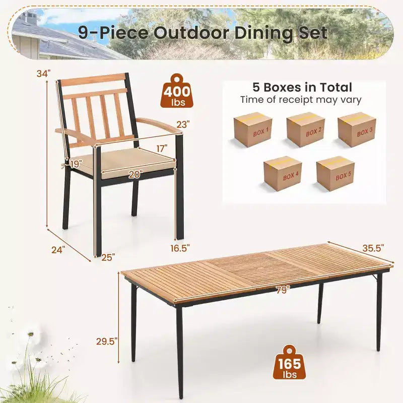 Costway Ensemble de salle à manger d'extérieur 9 pièces, Table rectangulaire 79" avec 8 fauteuils en bois