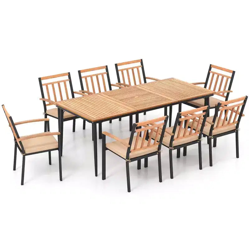 Costway Ensemble de salle à manger d'extérieur 9 pièces, Table rectangulaire 79" avec 8 fauteuils en bois