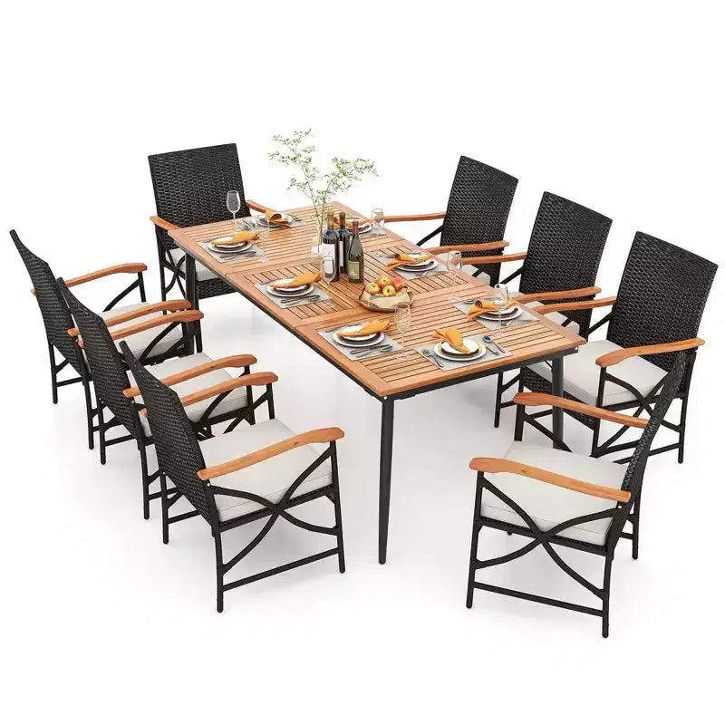 Ensemble de salle à manger Costway 9 pièces pour terrasse avec trou pour parasol de 4,8 cm, accoudoirs en X et coussins de siège