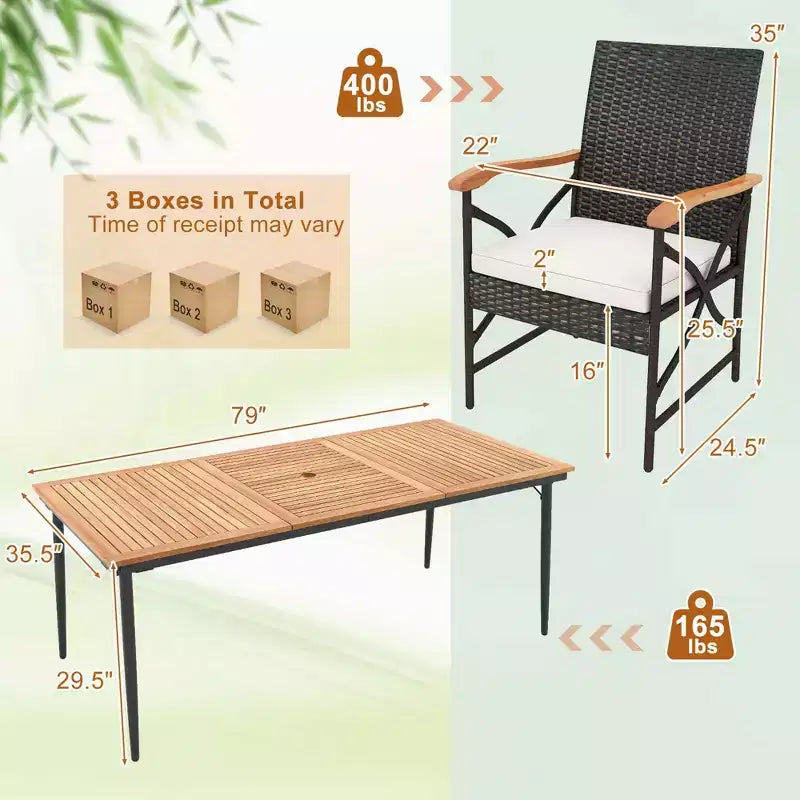 Ensemble de salle à manger Costway 9 pièces pour terrasse avec trou pour parasol de 4,8 cm, accoudoirs en X et coussins de siège