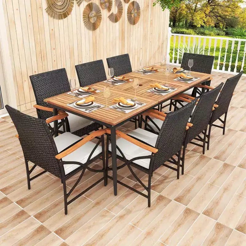 Ensemble de salle à manger Costway 9 pièces pour terrasse avec trou pour parasol de 4,8 cm, accoudoirs en X et coussins de siège