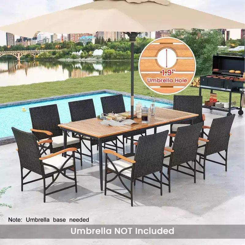 Ensemble de salle à manger Costway 9 pièces pour terrasse avec trou pour parasol de 4,8 cm, accoudoirs en X et coussins de siège