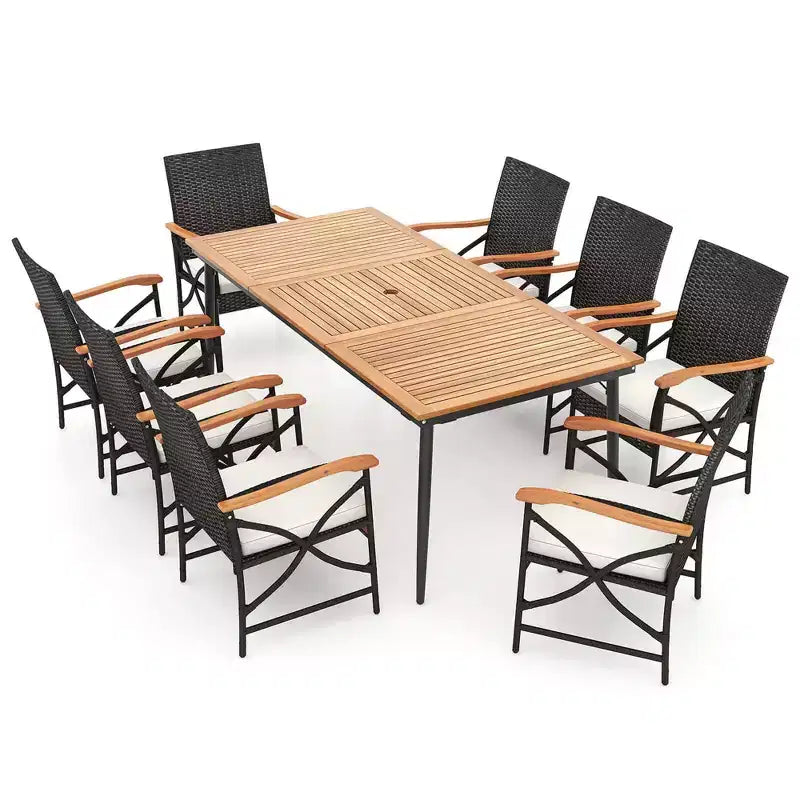 Ensemble de salle à manger Costway 9 pièces pour terrasse avec trou pour parasol de 4,8 cm, accoudoirs en X et coussins de siège