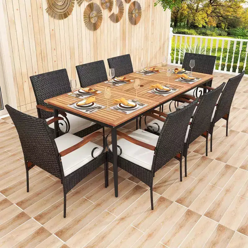 Costway 9 PCS Patio Dining Set with Acacia Wood Tabletop 1.9 Umbrella Hole Outdoor