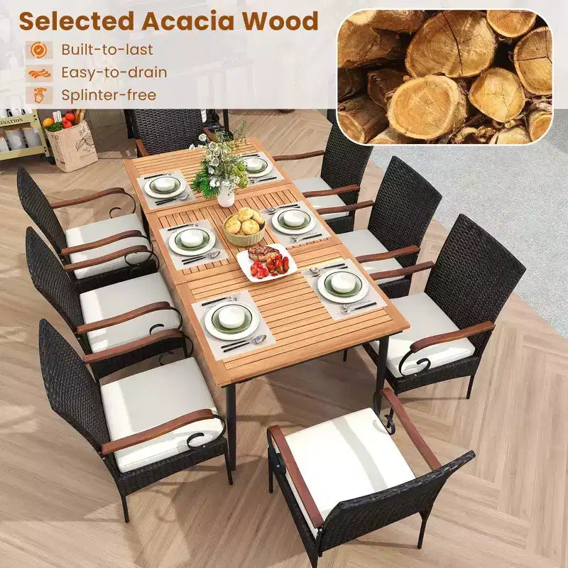 Costway 9 PCS Patio Dining Set with Acacia Wood Tabletop 1.9 Umbrella Hole Outdoor