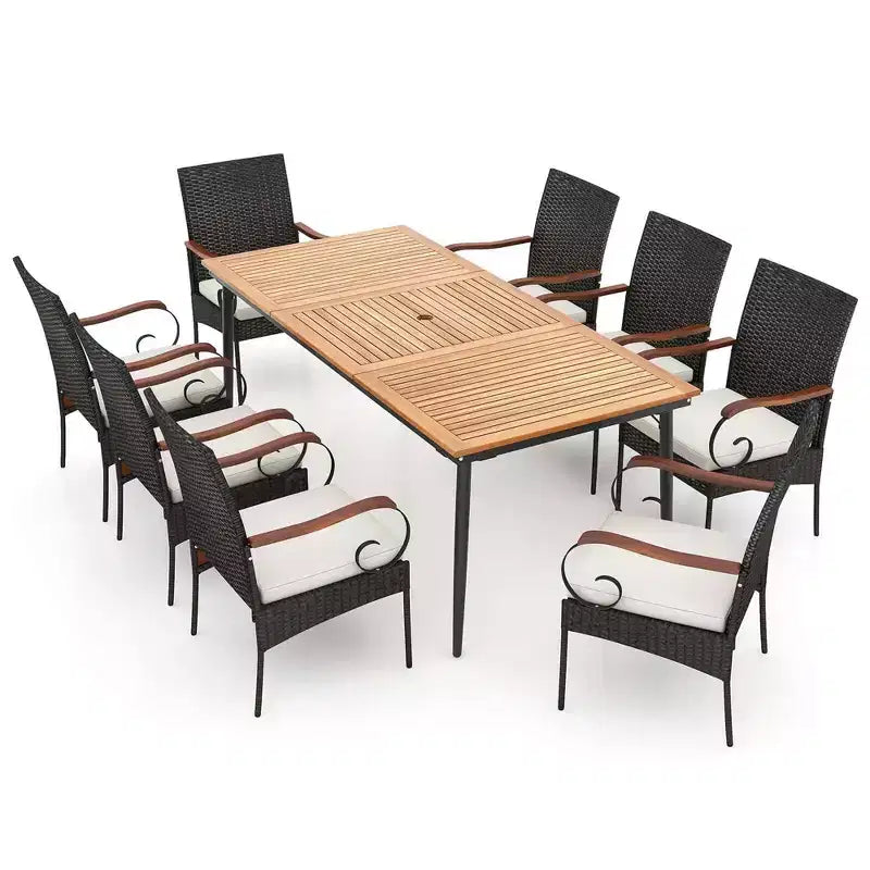 Costway 9 PCS Patio Dining Set with Acacia Wood Tabletop 1.9 Umbrella Hole Outdoor