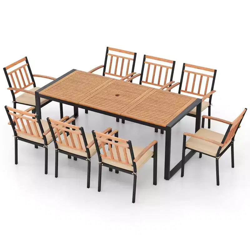 Costway Ensemble de salle à manger d'extérieur 9 pièces avec coussins moelleux et trou de parasol de 4,8 cm pour jardin