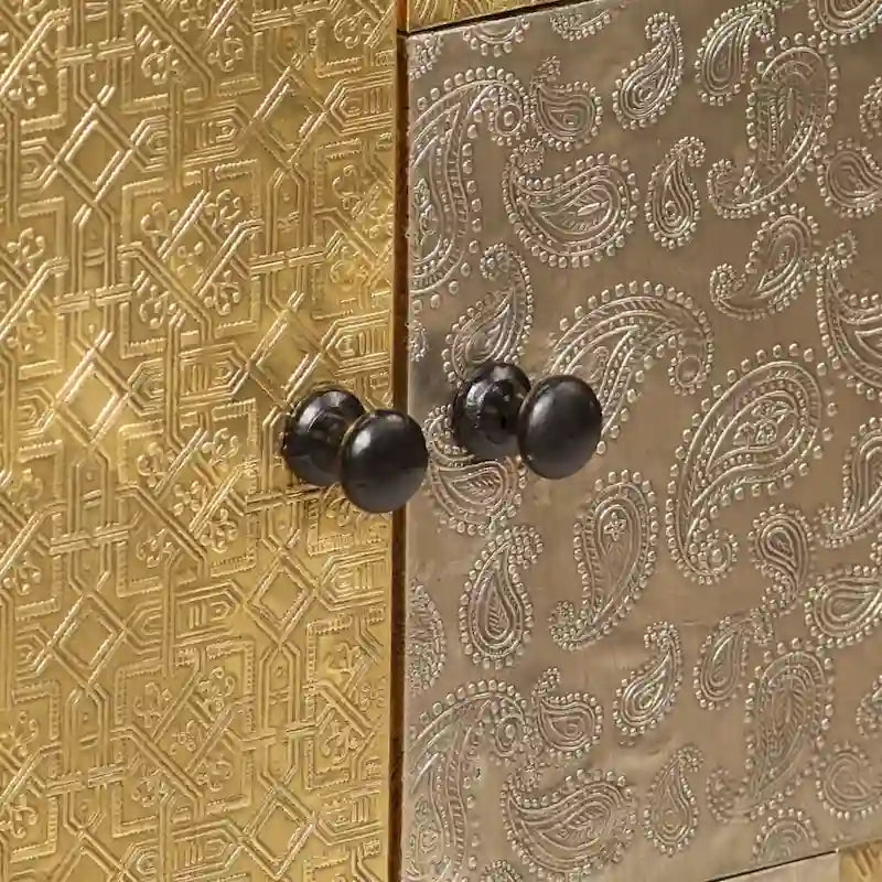 Credenza in legno massello di acacia con finitura color miele e dettagli in metallo – 80x30x75 cm