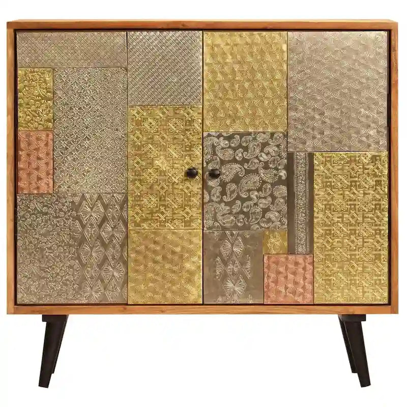 Credenza in legno massello di acacia con finitura color miele e dettagli in metallo – 80x30x75 cm