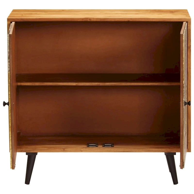 Credenza in legno massello di acacia con finitura color miele e dettagli in metallo – 80x30x75 cm