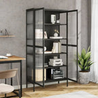Credenza alta in vetro e acciaio con ante scanalate – 85x40x180 cm, nera