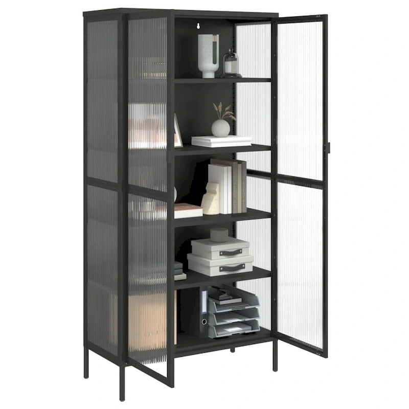 Credenza alta in vetro e acciaio con ante scanalate – 85x40x180 cm, nera