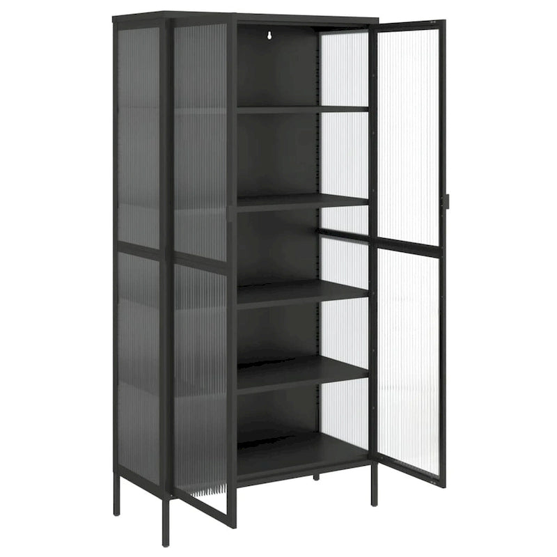 Credenza alta in vetro e acciaio con ante scanalate – 85x40x180 cm, nera