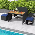 Costway 4 PCS Outdoor Dining Set, Rattan Loveseat Chair & 2 Ottomans Blue