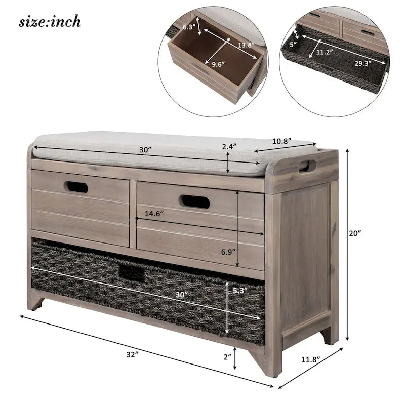 Panca contenitore con cesto rimovibile e 2 cassetti, scarpiera completamente assemblata con cuscino rimovibile (bianco invecchiato)