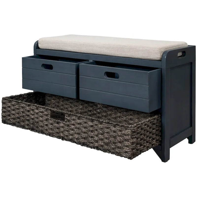 Panca contenitore con cesto rimovibile e 2 cassetti, scarpiera completamente assemblata con cuscino rimovibile (bianco invecchiato)