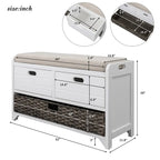 Panca contenitore con cesto rimovibile e 2 cassetti, scarpiera completamente assemblata con cuscino rimovibile (bianco invecchiato)