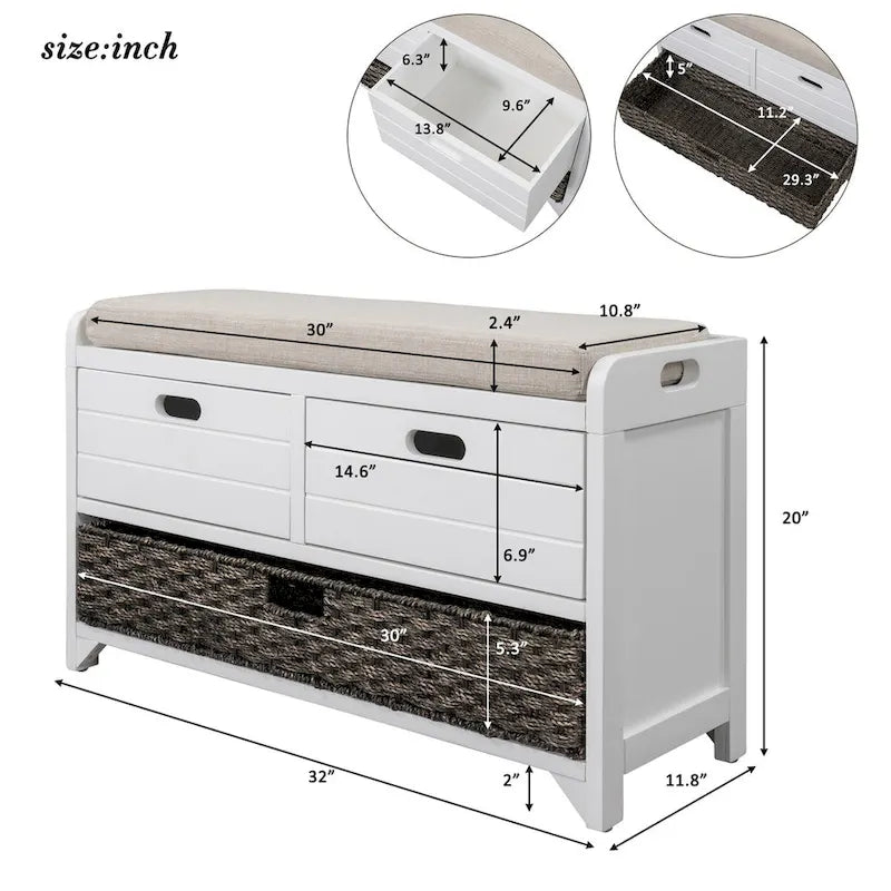Panca contenitore con cesto rimovibile e 2 cassetti, scarpiera completamente assemblata con cuscino rimovibile (bianco invecchiato)