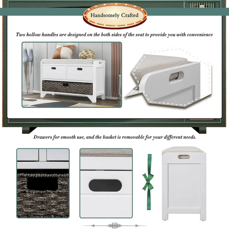 Panca contenitore con cesto rimovibile e 2 cassetti, scarpiera completamente assemblata con cuscino rimovibile (bianco invecchiato)