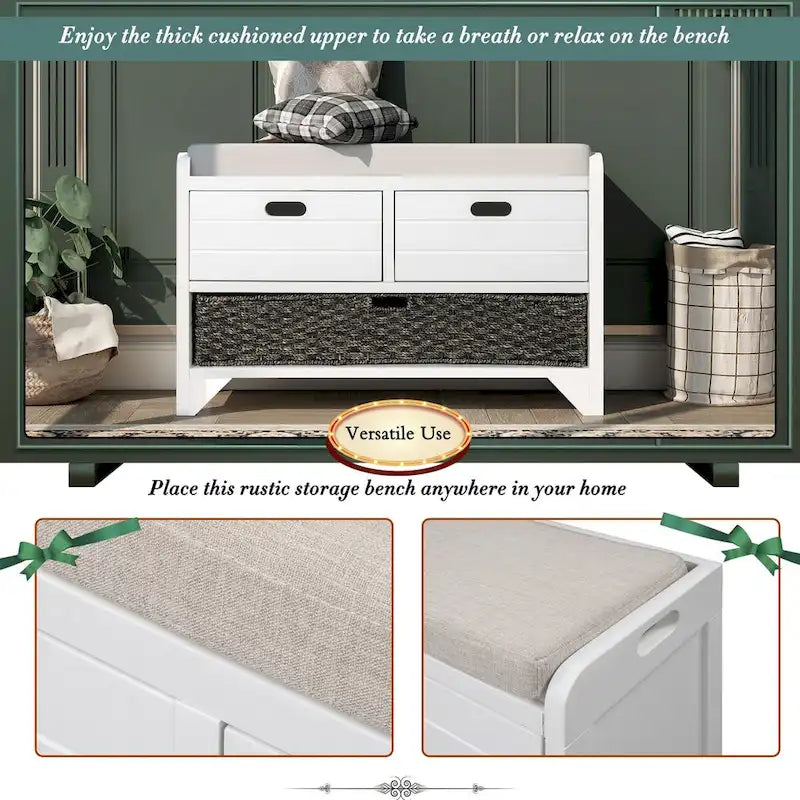 Panca contenitore con cesto rimovibile e 2 cassetti, scarpiera completamente assemblata con cuscino rimovibile (bianco invecchiato)