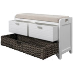 Panca contenitore con cesto rimovibile e 2 cassetti, scarpiera completamente assemblata con cuscino rimovibile (bianco invecchiato)