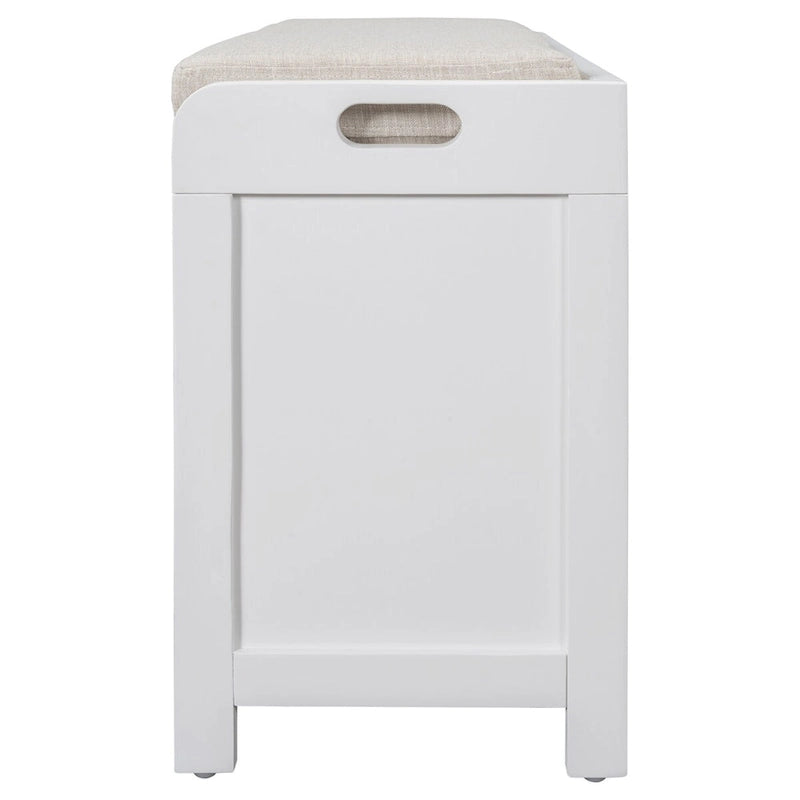 Panca contenitore con cesto rimovibile e 2 cassetti, scarpiera completamente assemblata con cuscino rimovibile (bianco invecchiato)