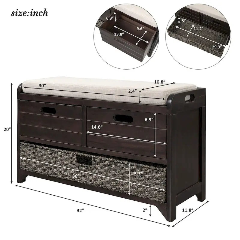 Panca contenitore con cesto rimovibile e 2 cassetti, scarpiera completamente assemblata con cuscino rimovibile (bianco invecchiato)