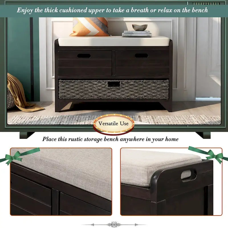 Panca contenitore con cesto rimovibile e 2 cassetti, scarpiera completamente assemblata con cuscino rimovibile (bianco invecchiato)