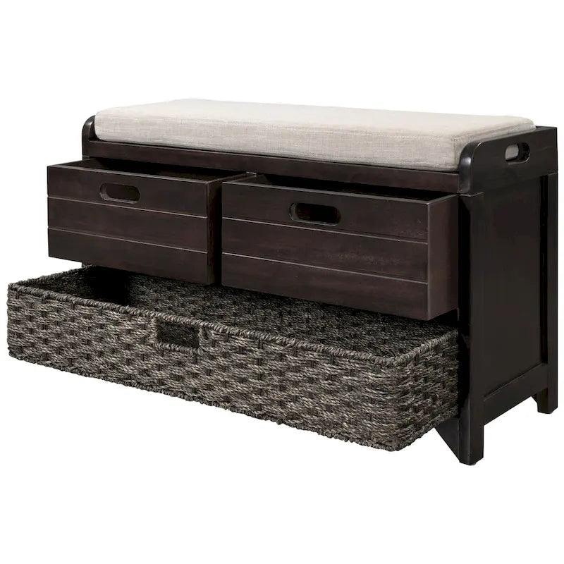 Panca contenitore con cesto rimovibile e 2 cassetti, scarpiera completamente assemblata con cuscino rimovibile (bianco invecchiato)