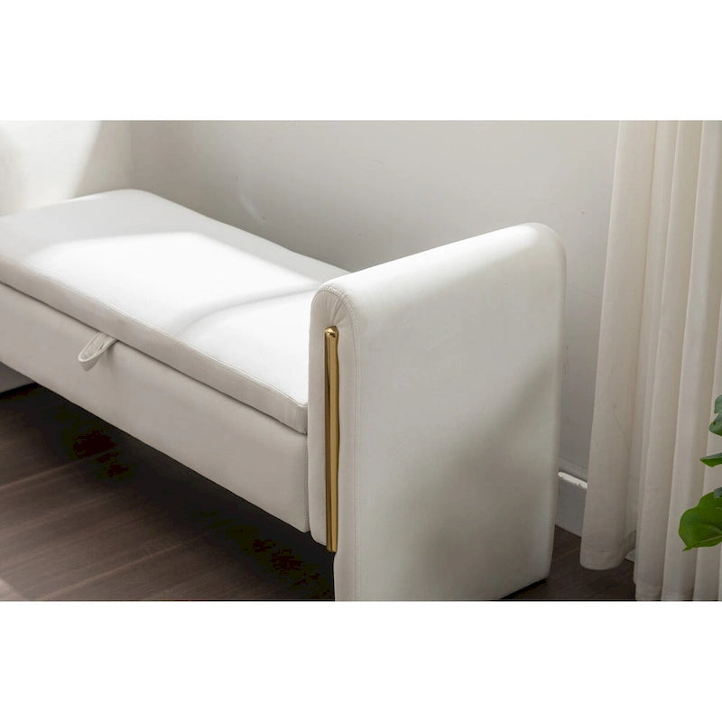 Panca contenitore in velluto per camera da letto con finitura a striscia in metallo dorato per soggiorno camera da letto interni, avorio