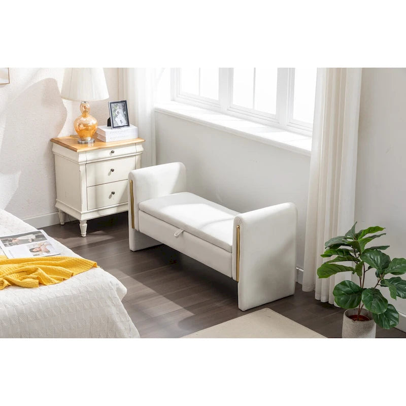 Panca contenitore in velluto per camera da letto con finitura a striscia in metallo dorato per soggiorno camera da letto interni, avorio