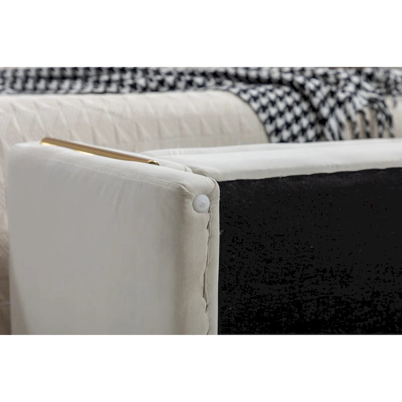 Panca contenitore in velluto per camera da letto con finitura a striscia in metallo dorato per soggiorno camera da letto interni, avorio